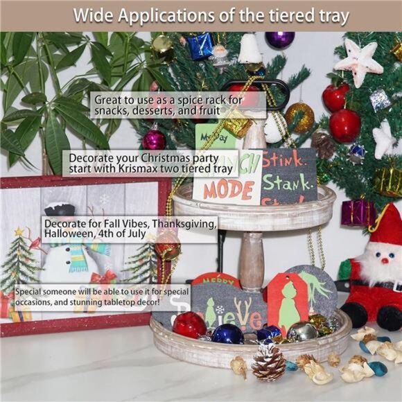 Decorative Trays - Two Tiered Tray Stand Rustic Decor Farmhouse 2  Wooden Tray - Picture 6 of 7